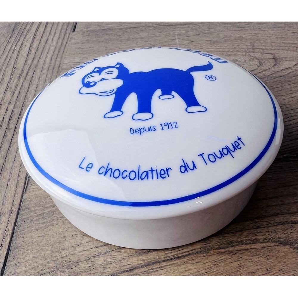 Vintage Au Chat Bleu Limoges Porcelain Box Le Touquet France Chocolatier